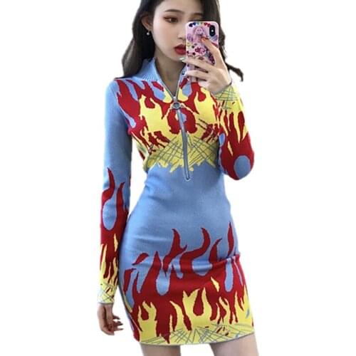 Elegant Lapel Print Knitted Dress Autumn Winter Long Sleeve Bodycon Blue Black Mini Sweater Dress Ropa Mujer Vestidos