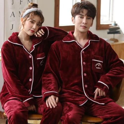 Korean version of warm padded flannel couples fleece pajamas for men and women in autumn winter coral fleece suits bedroom set