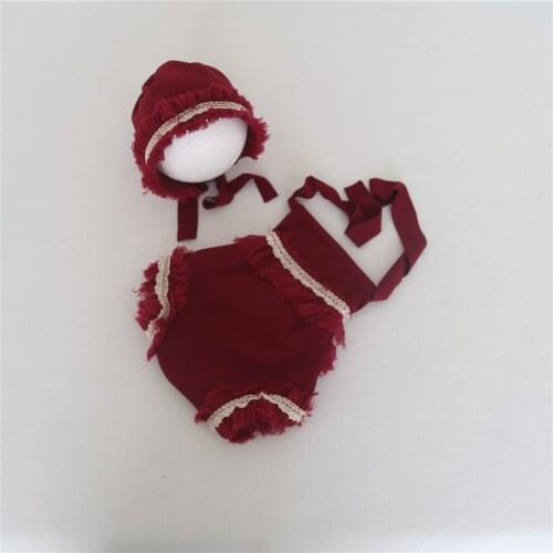 Cute Burgundy Hat and Romper for Newborn Photography Props Handmade Lace Ruffle Diaper Set Lovely Baby Girl Bonnet Bodysuit