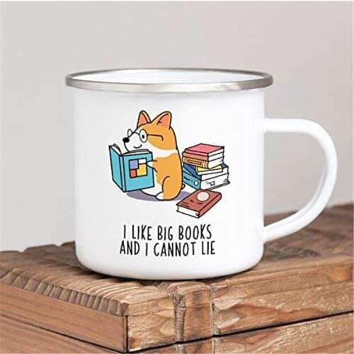 I like big books and I cannot lie Camp Mug Corgi Enamel Camping Mug Nerd Quote Metal Coffee Mug Rustic Decor Bookwarm Book Lover
