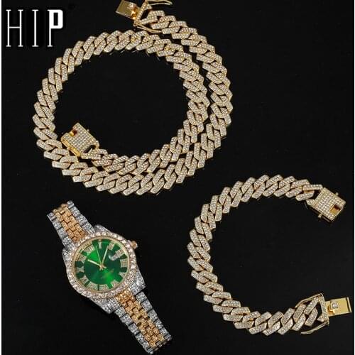 Hip Hop 13.5MM 3PCS KIT Heavy Watch+Prong Cuban Necklace+Bracelet Bling Crystal AAA+ Iced Out Rhinestones Chains For Men Jewelry