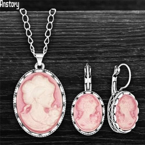 6 Colors Vintage Oval Lady Queen Cameo Sets For Women Antqiue Silver Plated Cameo Necklace Earring Ring Jewelry Set