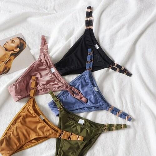 Sexy G-string Panties Womens Underwear Ice Silk Female Underpants Metal Thong Solid Color Pantys Sports Lingerie Size M-L