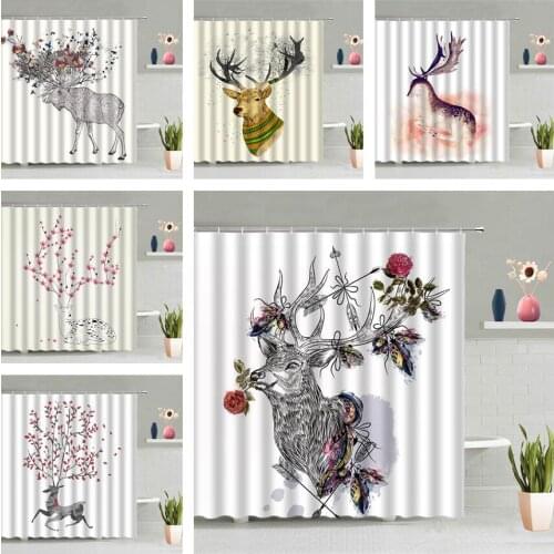 Cartoon Deer Shower Curtain Sika Deer Flower Bird Animal Sketch 3D Print Modern Bathroom Hanging Curtains Waterproof Home Decor