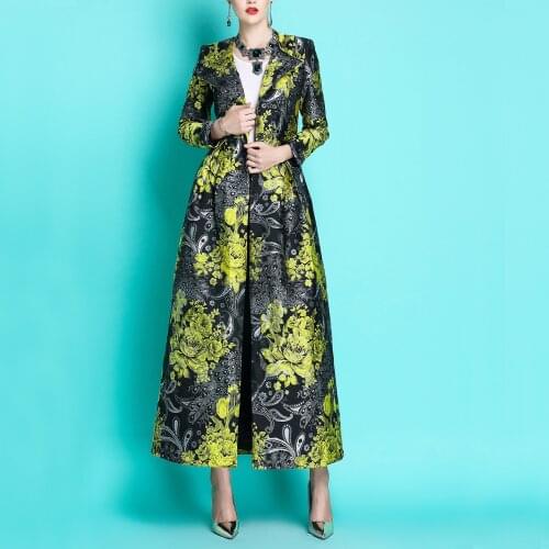 European Style Spring Fall Vintage Womens Luxury Yellow Dobby Flower Long Trench Coat , Woman Clothes 3xl High Waisted Coats