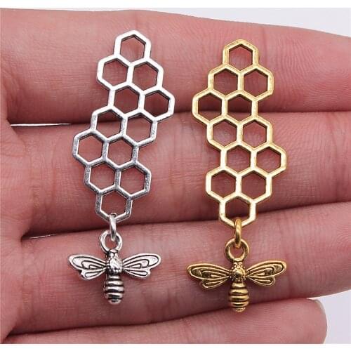 WYSIWYG 3pcs Honeycomb With Bee Charms Handmade Accessories 2 Colors Honeycomb Bee Charms 45x15mm
