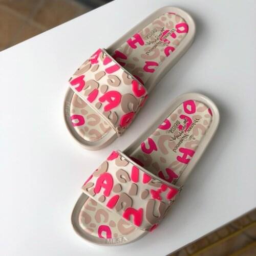 2019 Melissa Women Slippers Crystal Flat Heel Summer Shoes Female Indoor Outside Bling Beach Slides Open Toe Leopard Ladie Shoes