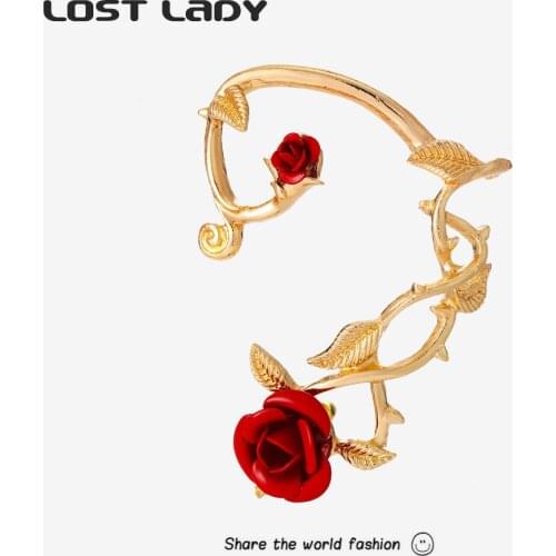 Lost Lady Twining Red Rose Ear Cuff for Women Vintage Elegant No Pierced Cartilage Earrings for Women Jewelry Wedding Gift