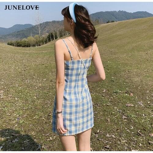JuneLove Women Plaid Sheath Dresses Vintage Lady Casual Club Party Dress Casual Spaghetti Strap Print Mini Bodycon Dress Vestido