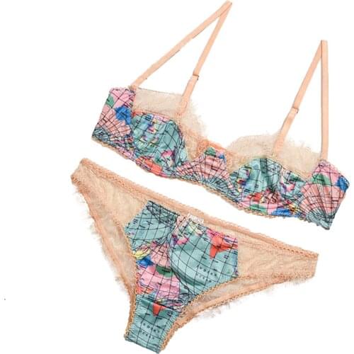 Womens Underwear Two Piece Set, Lace Corset Gather Steel Ring Bras Map Pattern Underpants