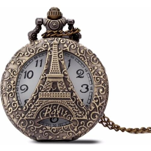 100pcs/lot 0022# wholesale Vintage Bronze eiffel tower style pocket watch wrap quartz big size pocket watch with necklace chain