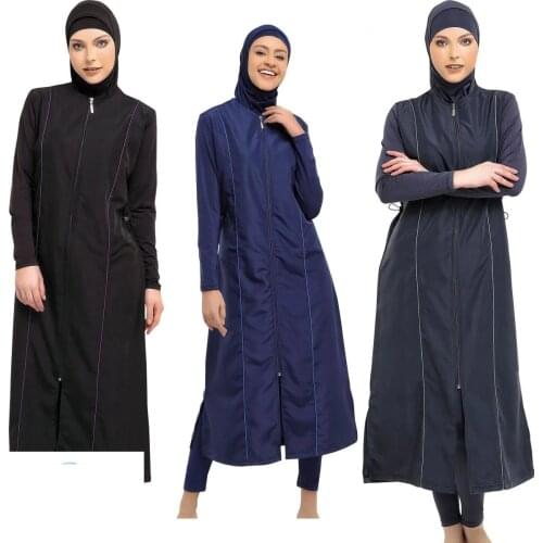 2021 Extra Long Micro Sleeves Full Burkini Muslim Swimwear M-3XL Plus Size Hijab Islamic Swimsuit Turkey Women Black Blue