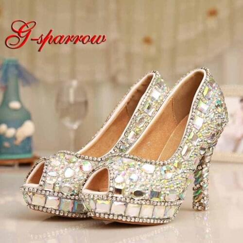 2018 Sparkling Design Party Prom Shoes Handmade AB Crystal Peep Toe Wedding Dress Shoes Homecoming Prom High Heels Size 10