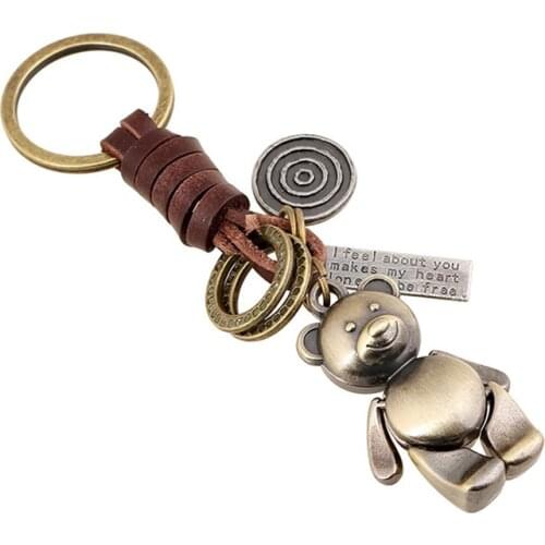 Punk Alloy Bronze Cartoon Bear Pendant Keychains Vintage Braided Leather Keyring Fashion Backpack Key Chain Accessories Jewelry