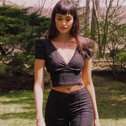 V-Neck Short Sleeve Women Crop Tops Backless Hollow Out Patchwork Laceup Black Sexy Summer Shirts New Skinny Elastic