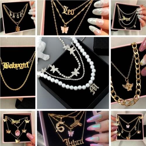 JJFOUCS Boho Multi layer Women Metal Choker Necklace Fashion Angel Dragon Letter Butterfly Pendant Necklace Statement Jewelry