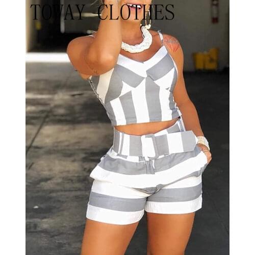 Summer Women Spaghetti Strap V-Neck Colorblock Striped Cami Top & Short Sets Crop Top & Skinny Pants With Belt Set