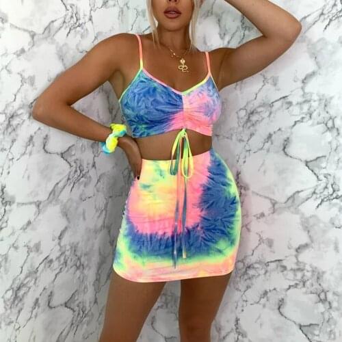 Summer Clothes Set Women Lady Party Bodycon Stretch Two pieces Tie Dye Print High Waist Club Casual Sling Crop Tops Skirts Dress