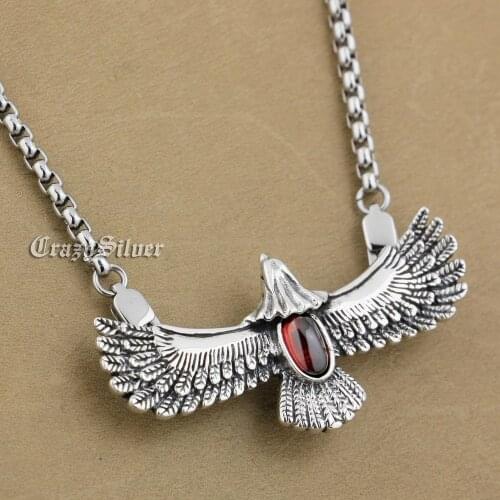 LINSION 925 Sterling Silver Eagle Red CZ Stone Mens Biker Rocker Punk Pendant 9S028