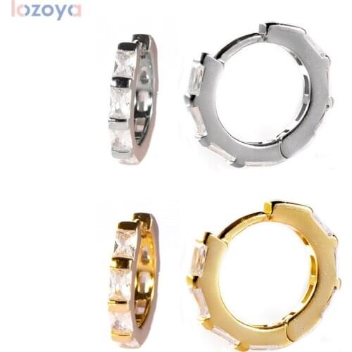 LOZOYA 925 Sterling Silver Crystal CZ Huggies Middle Hoops Earring Luxury Thick Zircon CZ Circle Piercing Pendiente Jewelry