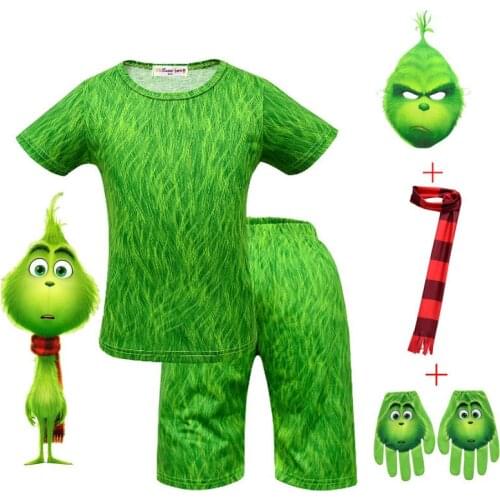 New Cartoon kids green party cosplay costume kids carnival fancy party dress up green costume kids short sleeve mask set