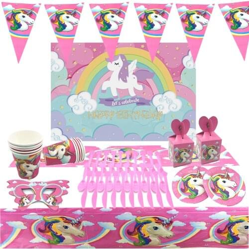 Unicorn Disposable Tableware Happy Kids Girls Birthday Party Decoration Set Party Supplies Cup Plate Banner Hat Straw Loot Bag