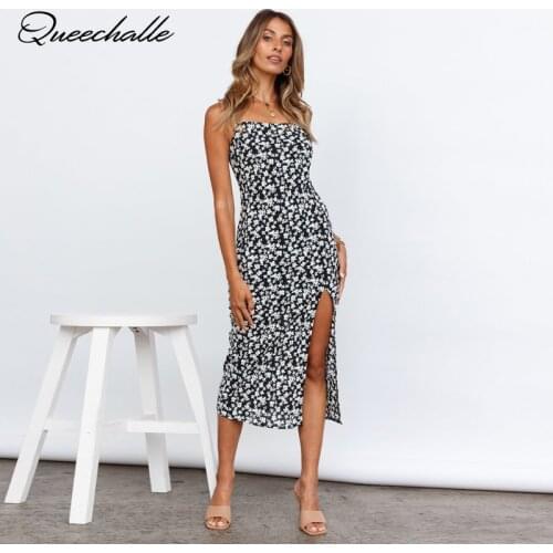 Summer Dress Retro Boho Women Black Floral Print Bodycon Dress Sexy Split Sleeveless Spaghetti Strap Beach Midi Dresses Party