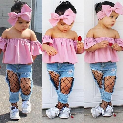 Pudcoco 2020 3PCS Toddler Kids Baby Girls Clothes T-shirt Tops+Denim Fishnet ripped Jeans Pants Outfits Set