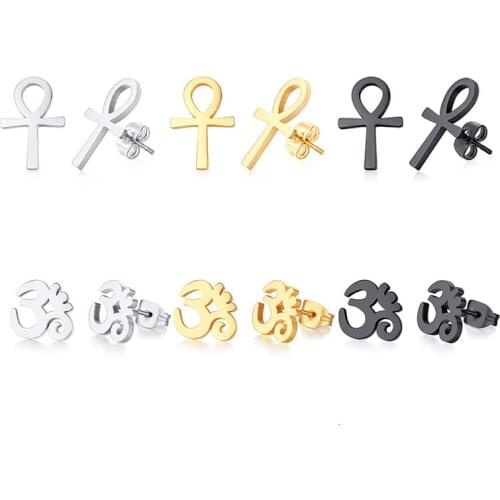 Vnox 1 Piece Ankh Cross Stud Earrings for Men Women Punk Simple Stainless Steel AUM OM Prayer Ear Jewelry