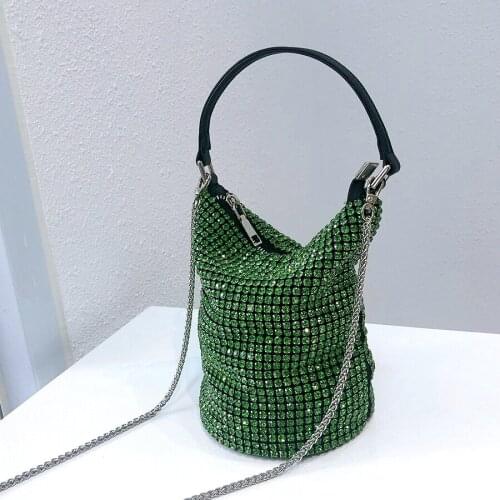 Bucket Shoulder Bag Wedding Party Ladies New Bling Crystal Clutch Evening Bag Women 2021 Luxury Designer Korean Green Rhinestone