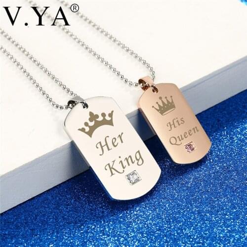V.Ya Her King & His Queen Couple Necklaces Sliver Black Rose Gold Color Stainless Steel Tag Pendant Stone Necklace Gift Dropship