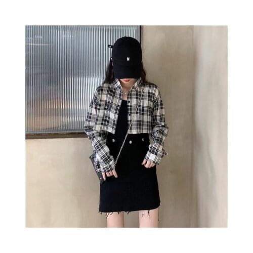 Vintage Plaid Fashion Basic Short Design Thin Long Sleeve Turn Down Collar Women Female Casual Top Shirts