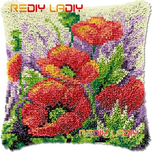 Latch Hook Cushion Poppies Field DIY Needlepoint Kits Chunky Acrylic Yarn Arts Crocheting Lofty Pillow Case Hobby & Crafts