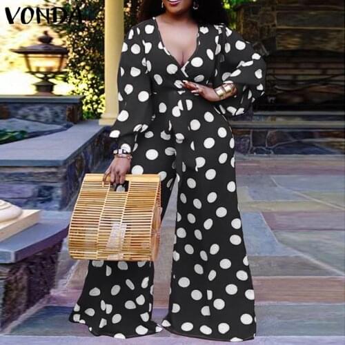 Women Overalls Elegant Office Ladies Jumpsuits 2021 VONDA Belt V Neck Polka Dot Casual Wide Leg Pants Femme Trousers Palazzo