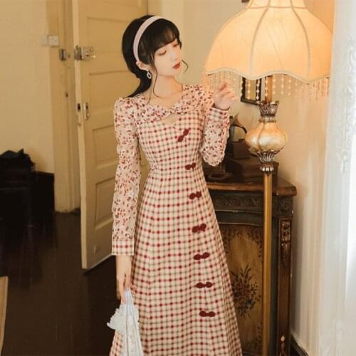 Autumn Female Round Neck Chiffon Stitching Floral Bowknot Hollow Sweet Sexy Cheongsam Robe Femme Plaid Retro Split Midi Dress
