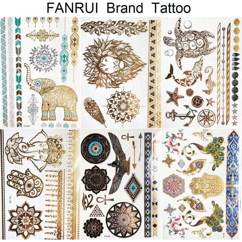 Golden Lion Henna Flower Temporary Metallic Tatoo Women Birds Geometric Bracelet Flash Tattoo Stickers Girls Glitter Tatoos Legs