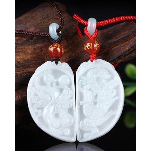 Real emerald dragon and phoenix necklace pendant Jewel lucky amulet suitable for couples hand-carved jewelry gifts