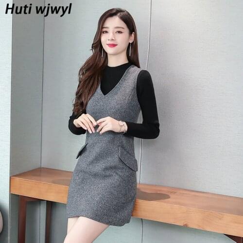 2021 Sweater+Woolen Dress Winter Casual Two-piece Suit Plus Size Women Wool Dress Sweater Solid Bodycon Warm Party Vestidos Set