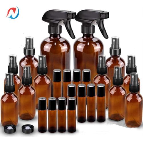 Sheenirs 24pcs Amber Glass Mist Spray Bottle Set for Essential Oils Cleaning Aromatherapy 16OZ 8OZ 3.34OZ 1.67OZ 1oz 10ml Bottle