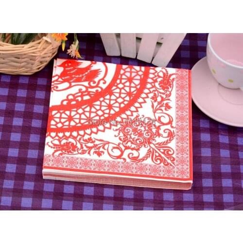 3 packs 60pcs red Chinese paper-cut Wedding napkins bride and groom Color Napkin Paper 60% Virgin Wood napkin free shipping