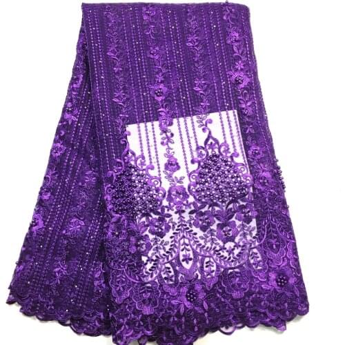 African lace fabric 2021 high quality lace with beads purple nigerian tulle french lace fabric for dress african fabric lace M26