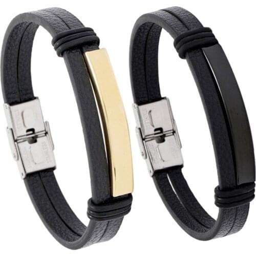 Punk Men Bracelet Glossy Stainless Steel Magnet Buckle Connector Cuff Bangle Jewelry Simple Fashion Leather Bracelet