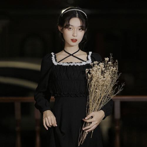 Harajuku Gothic Lolita Dress Fairy Autumn French Retro Little Black Dress Square Neck Tie Fungus Lace Waist Long Sleeve Dress