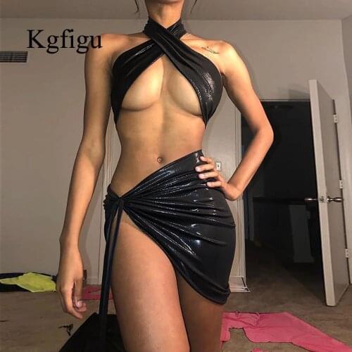 KGFIGU 2021 New Arrival Backless Halter Pleated Fitness Elegant Travelling Shinning Women Birthday Party Two Pieces Set