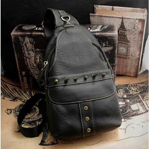 Men Womens Steampunk Biker Vintage Stud Genuine Leather Shoulder Chest Sling Bag