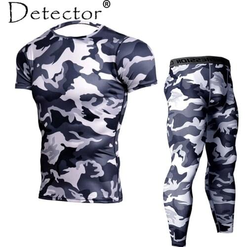 Detector Men Tight Short Sleeves Shirts Leggings Sport Suit Compression Shirt Pants Set Workout Fitness Bodybuilding Sportswear
