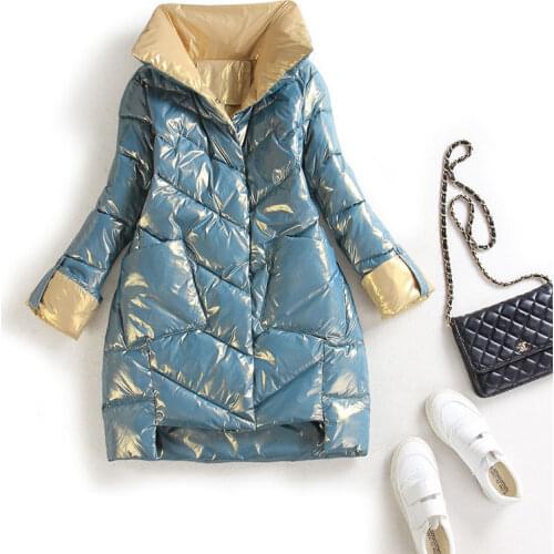 2021 New Bright Face Winter Down Padded Jacket Womens Parka Mid-Length Slim Coat Female Thick Warm Outerwear