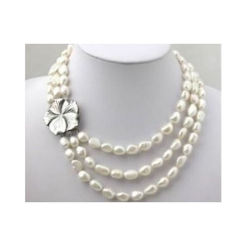 Charming! 3 Rows White Freshwater Pearl Necklace 7-8mm 18-20