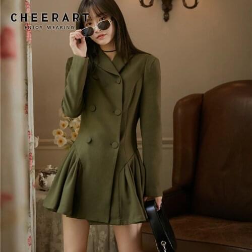 CHEERART Autumn 2020 Army Green Blazer Dress Women Long Sleeve Double Breasted Ruffle Mini A Line Ladies Dress Clothing