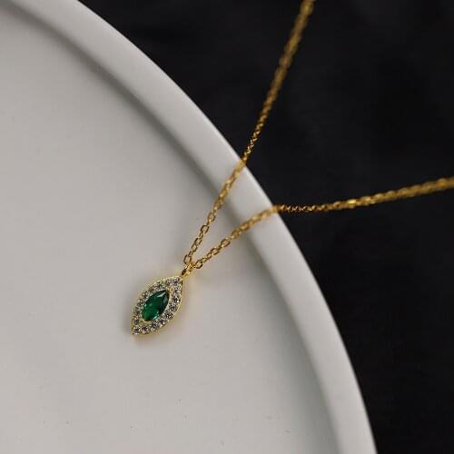 925 Sterling Silver European Simple Pavé Crystal Green Evil Eye Pendant Clavicle Chain Necklace Women Classic Wedding Jewelry